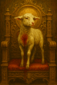 The Lamb stands in the center of the throne