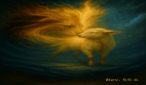 Lion and Lamb imagery symbolizing Revelation 5:5–6, representing Christ’s victory, hope, and peace
